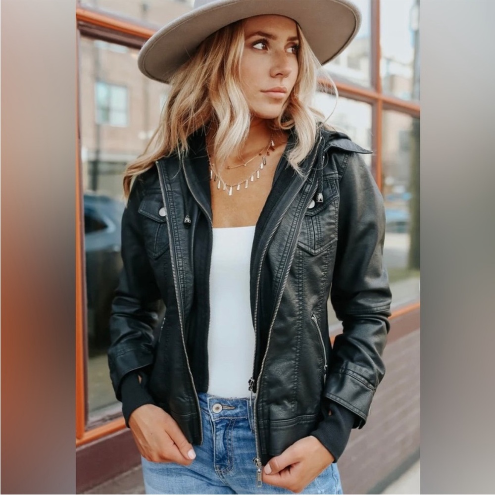We The Free / Free People black vegan leather jacket with hoodie! Moto / Biker